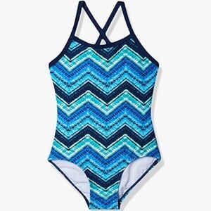 Kanu Surf Girls' Layla Beach Sport Banded Swimsuit in Kristen Blue Chevron SZ 14